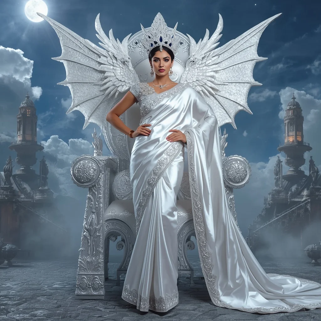 Giant Luxury Crystal White Dragon Throne Saree with Silver Sky Empire | Prompt For Gemini AI Girl Trending