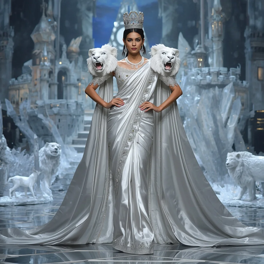 Giant Luxury Crystal White Lion Saree with Silver Royal Empire | Prompt Trending Girl 2026