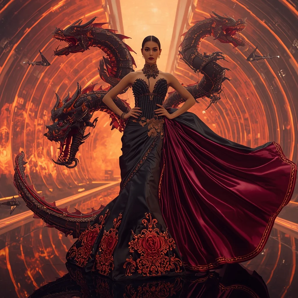 Giant Mechanical Dragon Saree with Cyber Inferno Arena | Style Ai Prompt