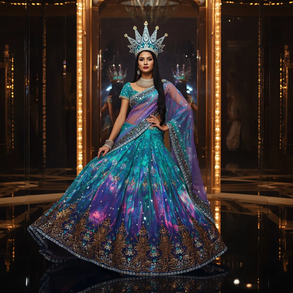 Giant Mirror Aurora Crown Saree with Festival Cosmic Palace | Prompt Seen Trending Girl