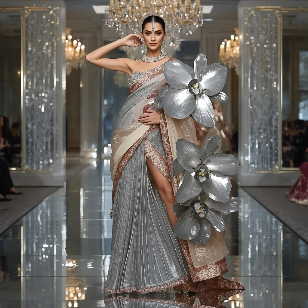 Giant Mirror Orchid Saree with Royal Crystal Ballroom | Gemini Photo Editing Prompt