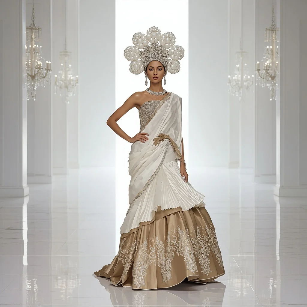 Giant Pearl Blossom Crown Saree with White Infinity Cathedral | Attitude Ai Prompt