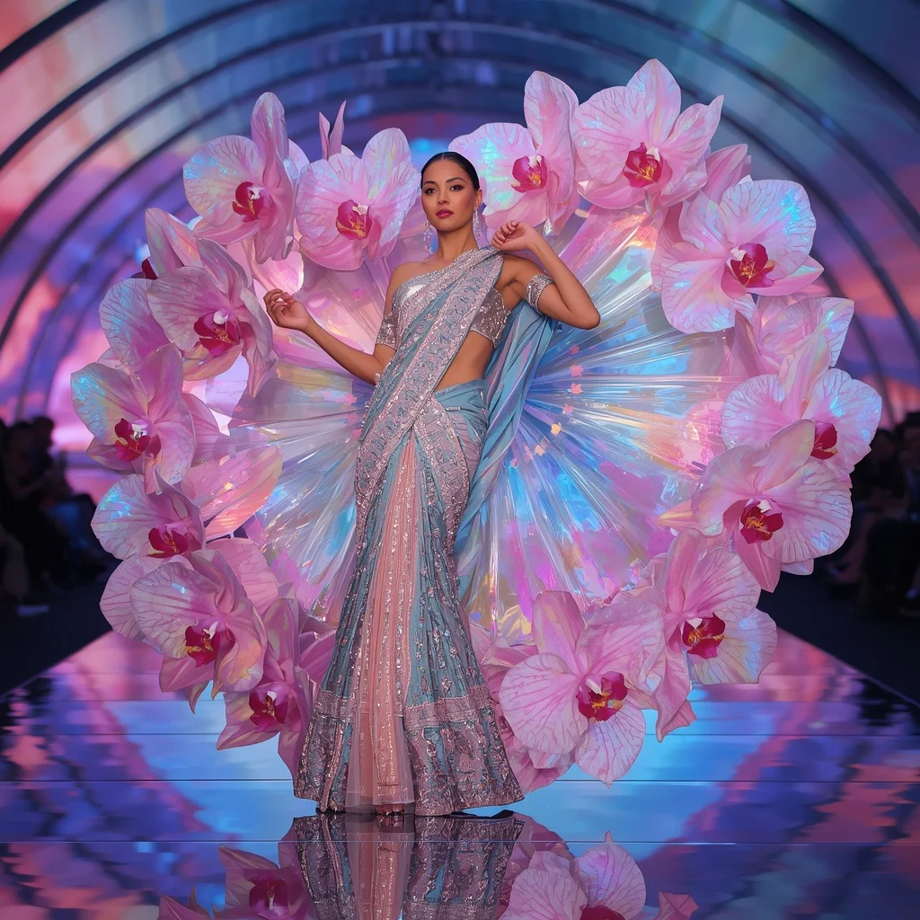 Giant Prism Orchid Saree with Aurora Reflection Arena | Prompt Ai