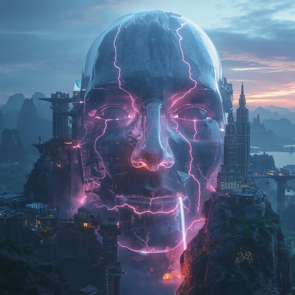 Giant Transparent Human Face Mountain With Neon Rivers | Prompt Seen Trending Instagram