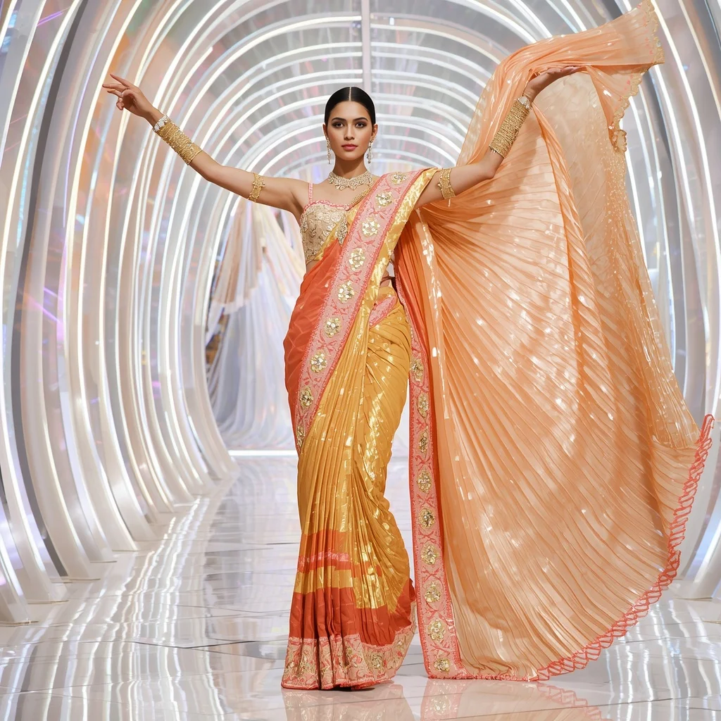 Golden Aurora Empress Saree with Holo Ribbon Cathedral | Flux Ai Prompt Copy Paste