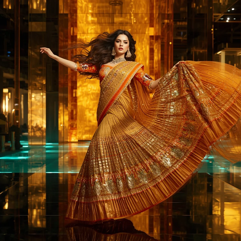 Golden Aurora Flame Saree with Floating Infinity Citadel | Art Ai Prompt
