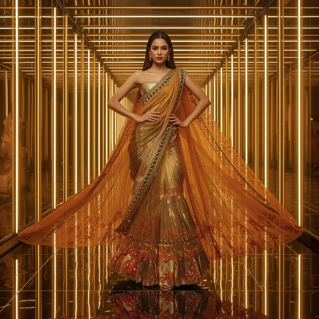 Golden Aurora Inferno Saree with Infinity Neon Reflection Chamber | Style Ai Prompt