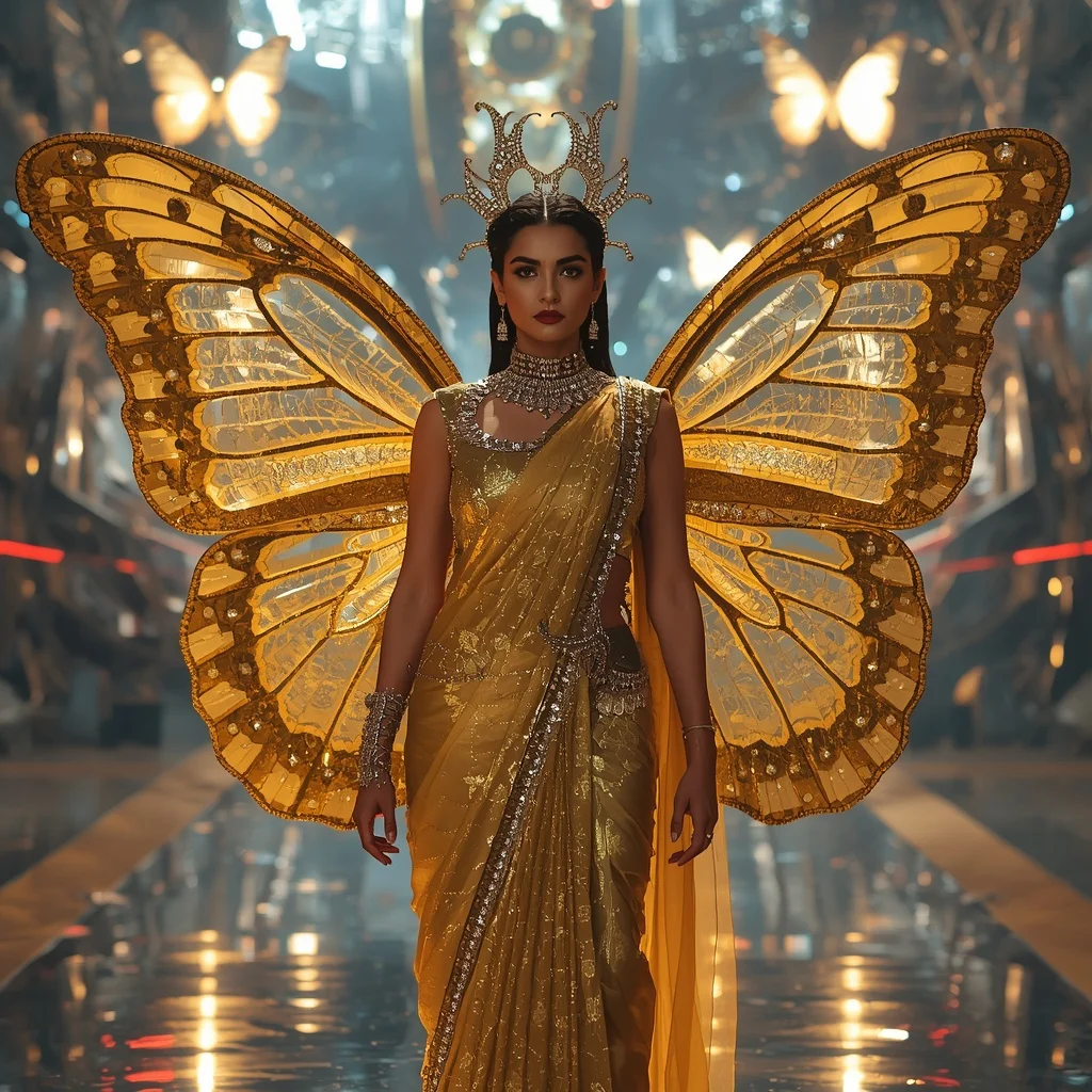 Golden Butterfly Armor Queen Saree with Futuristic Royal Arena Background | Gemini Ai Prompt For Girl