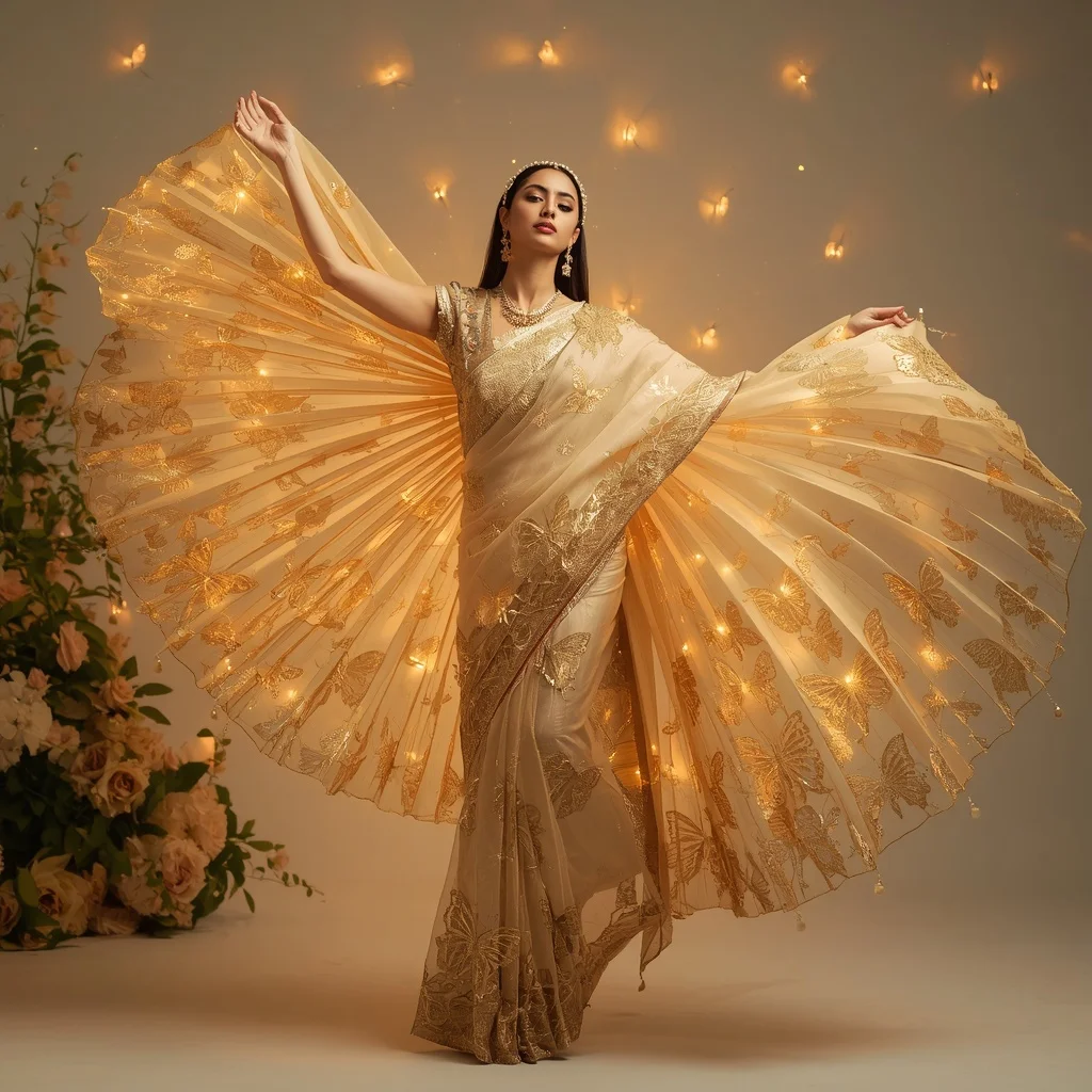 Golden Butterfly Solflare Surge Saree – Glam Festival Saree with Twirl Lift Pose and Solflare Butterfly Garden Background | Bridal Ai Prompt