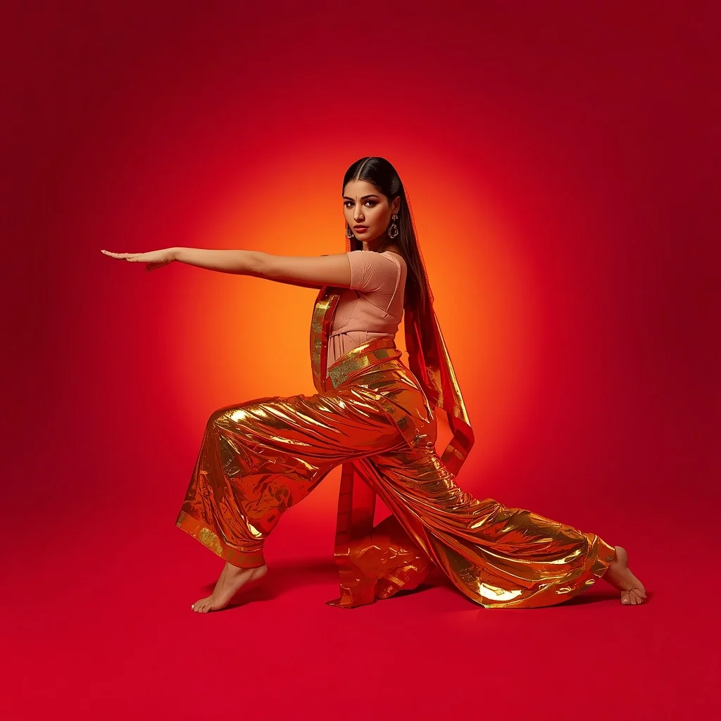 Golden Chrome Foil Saree – Deep Lunge Pose with Sunset Gradient Plaster | Midjourney Prompt List
