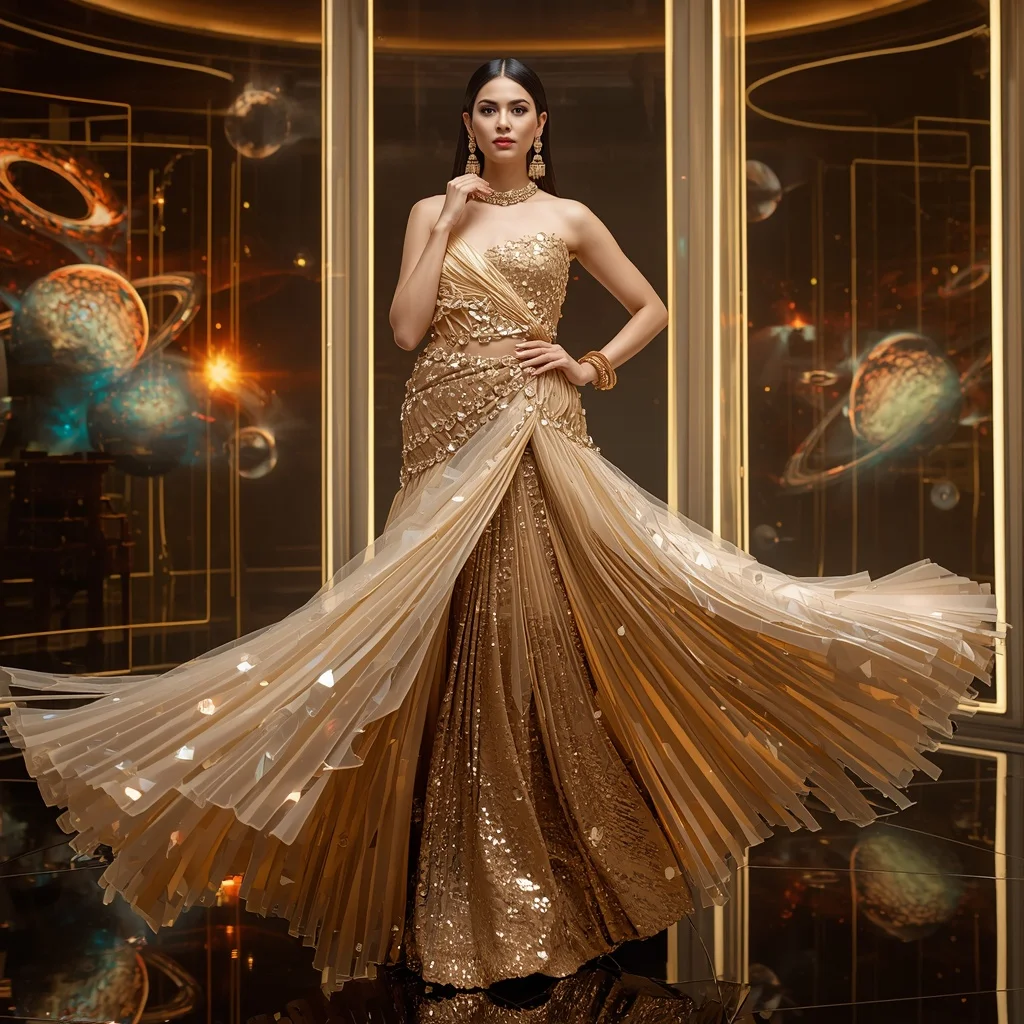 Golden Crystal Aurora Saree with Floating Orbital Neon Universes | Selfie Prompt