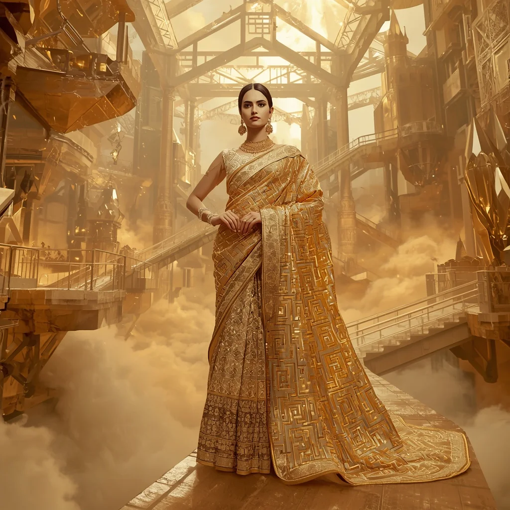 Golden Crystal Maze Saree with Floating Palace Labyrinth | Sora Ai Prompt