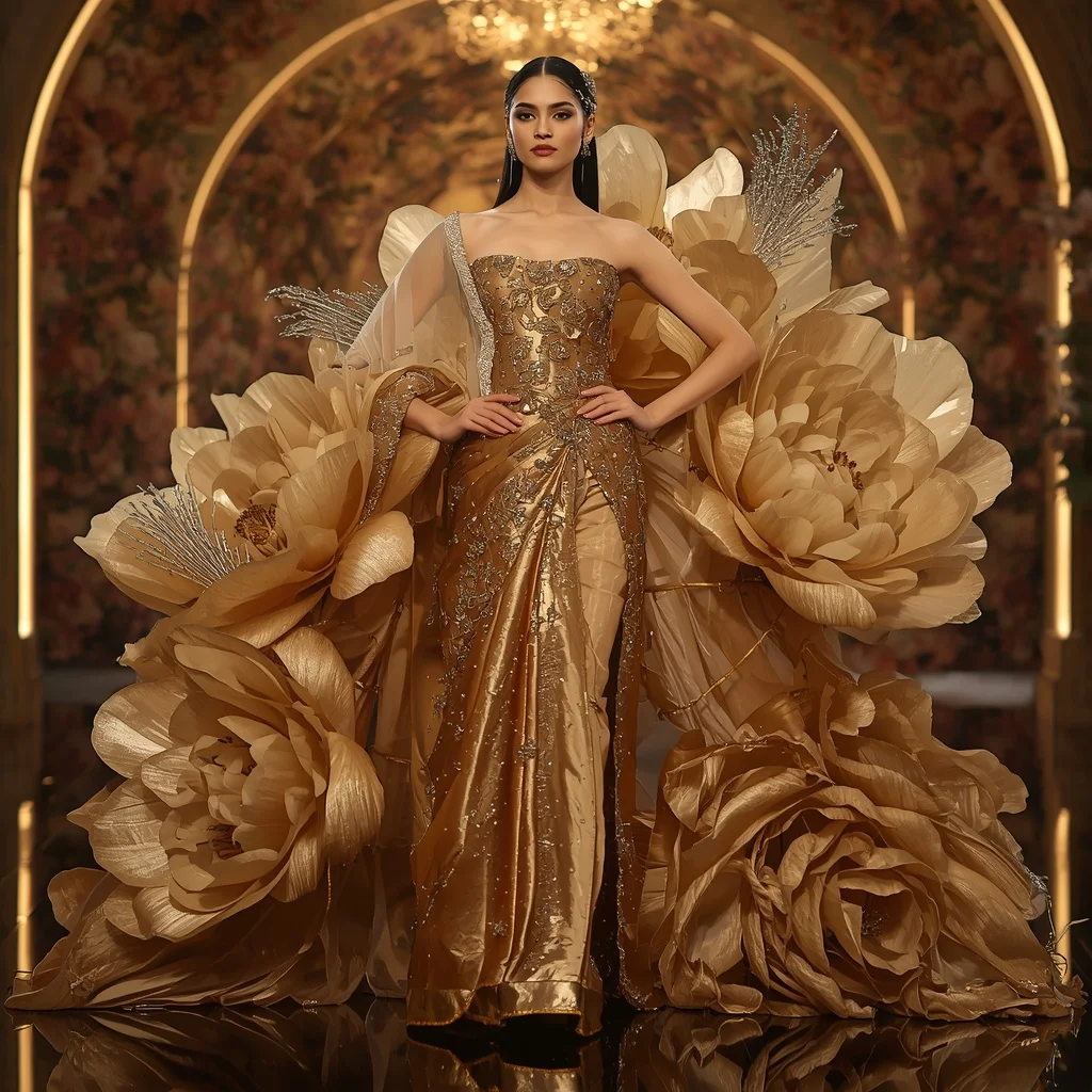 Golden Crystal Peony Saree with Royal Floral Hall | Instagram Reel Ai Prompt