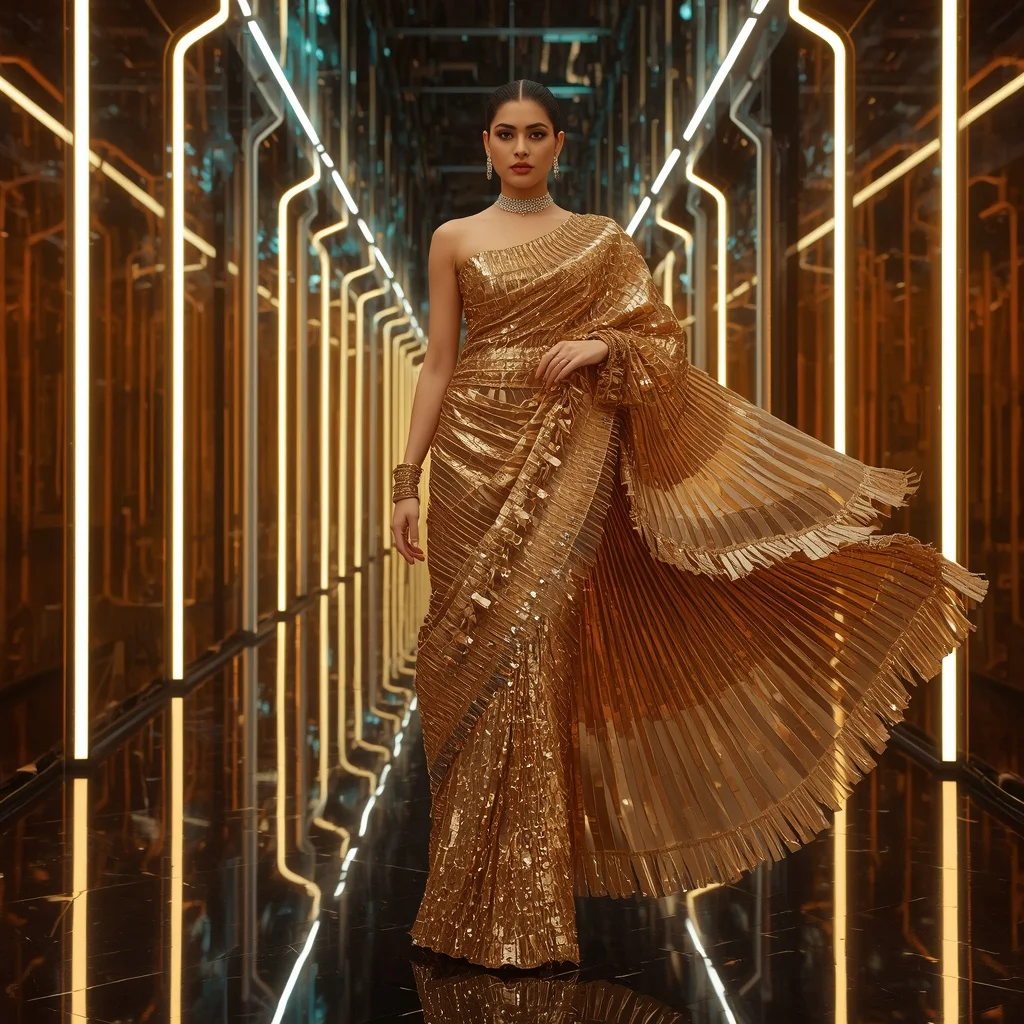 Golden Crystal Quantum Saree with Floating Orbital Neon Corridors | Realistic Ai Prompt