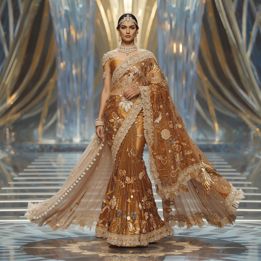 Golden Eagle Dynasty Saree with Sky Crystal Infinity Palace | Prompt Seen Horror Girl