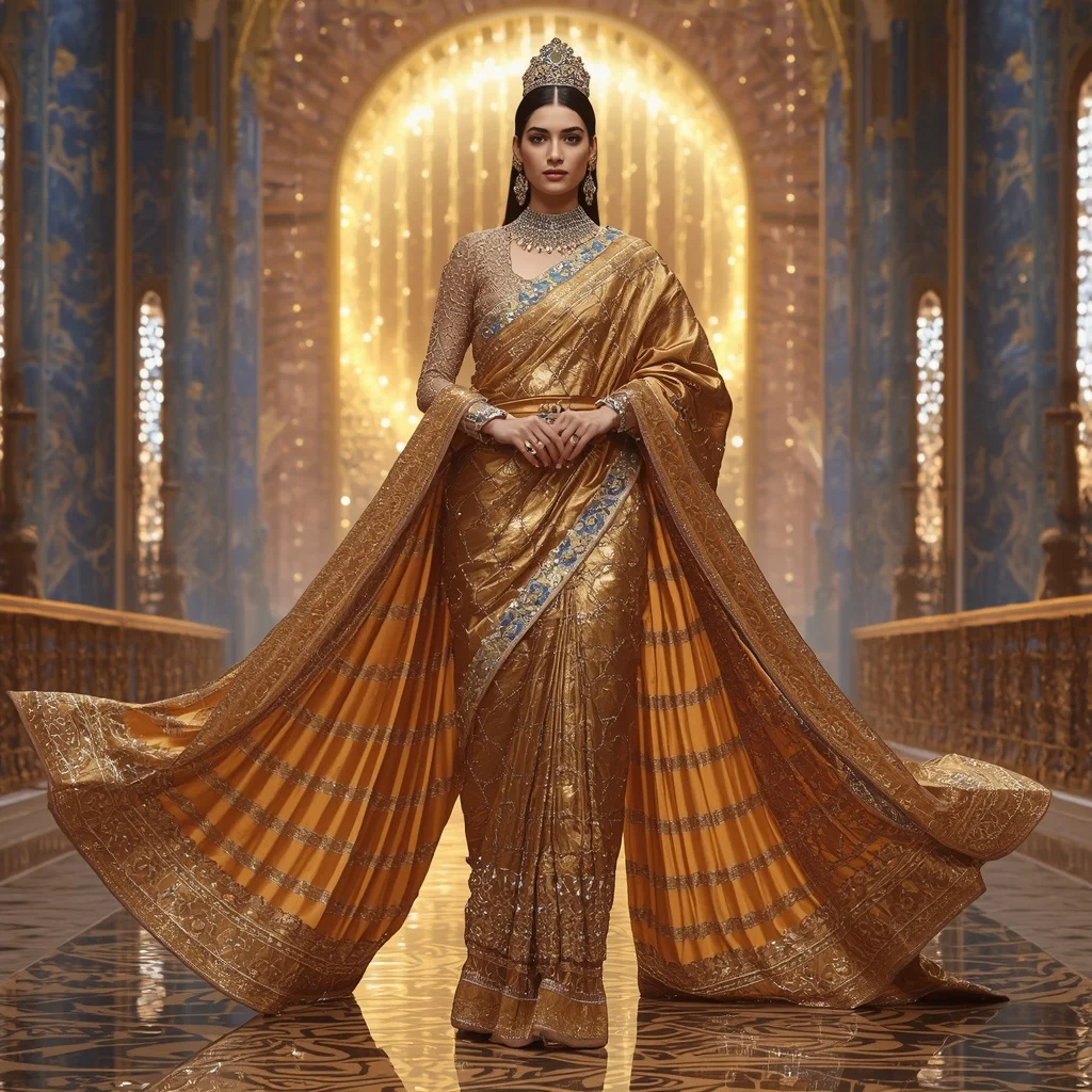 Golden Eagle Emperor Saree with Sky Crystal Cathedrals and Imperial Sun Kingdom | Trending Prompt In Instagram Ai Photo Girls