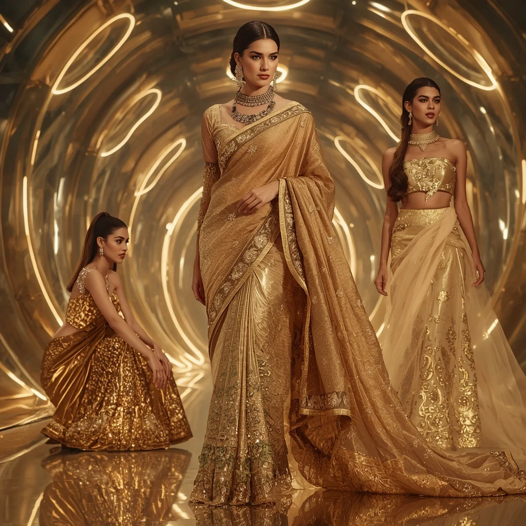 Golden Eclipse Majesty Saree with Floating Halo Infinity Palace | Creative Ai Prompt