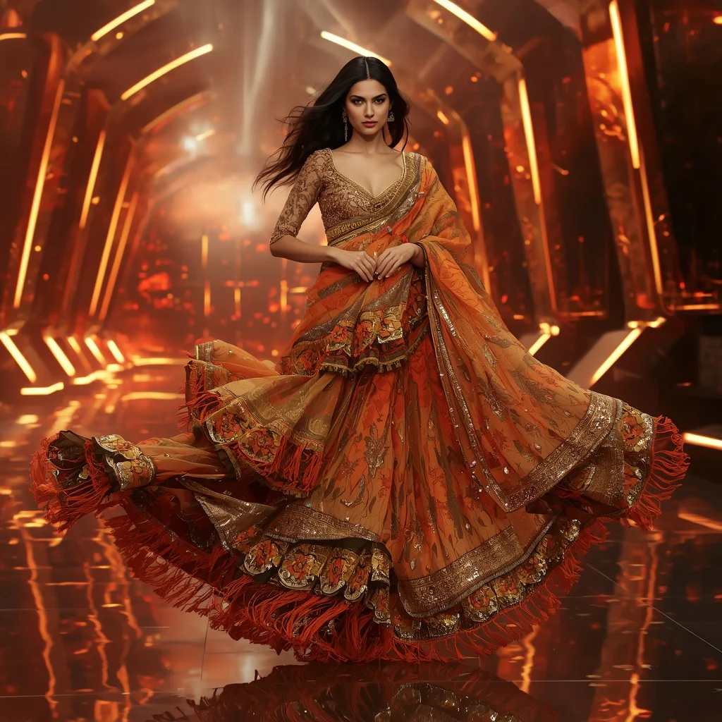 Golden Flame Aurora Saree with Floating Holographic Neon Dimensions | Prompt For Traditional Look For Girl Chatgpt Instagram