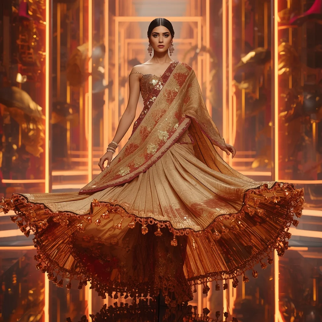Golden Flame Mirage Saree with Floating Holographic Neon Gateways | New Instagram Trend Prompt For Girl Love Copy And Paste