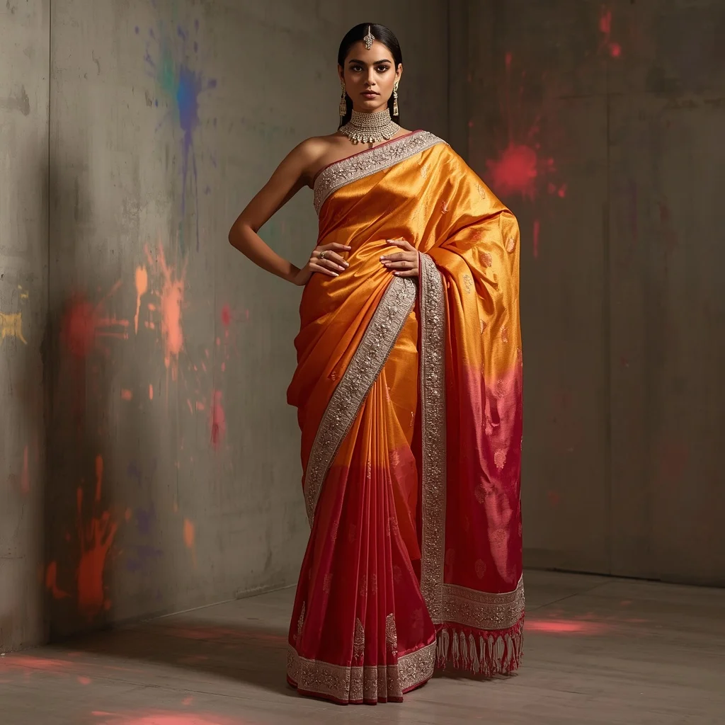 Golden-Hour Ombre Silk Saree with Heavy Bullion Embroidery | Hd Image Prompt