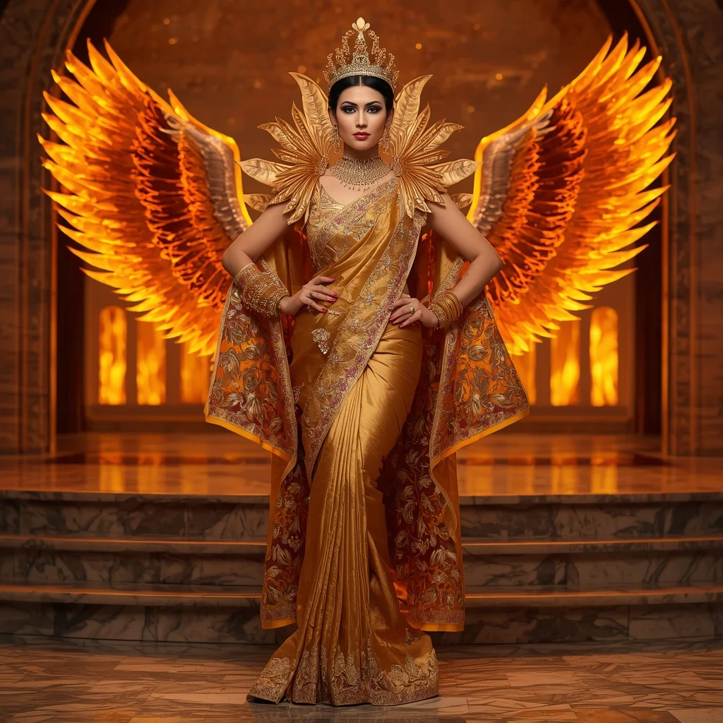 Golden Inferno Swan Saree – Heavy Royal Designer Saree with Throne Pose and Inferno Swan Temple Background | Chatgpt Photo Editing Prompts Trending Instagram Download