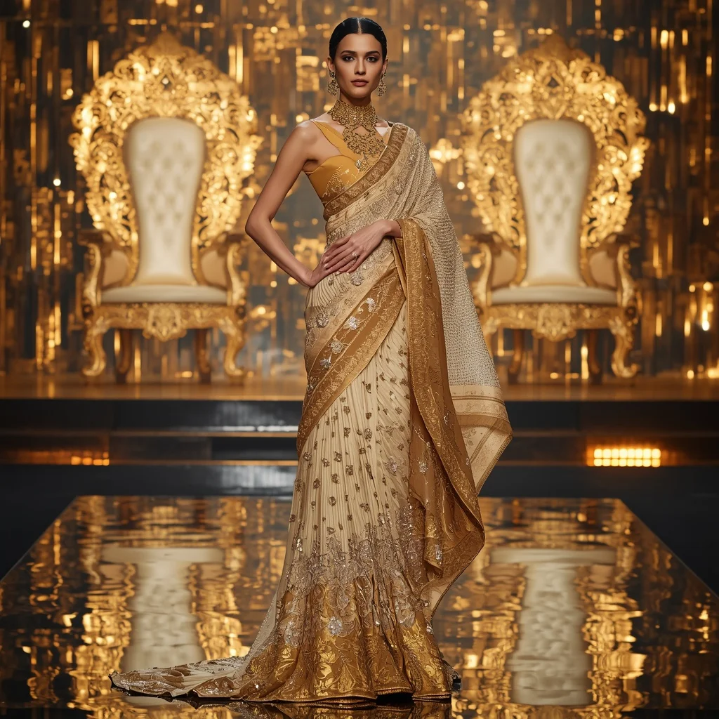 Golden Lotus Mirror Empire Saree with Floating Reflection Thrones | New Photo Trend On Instagram Prompt