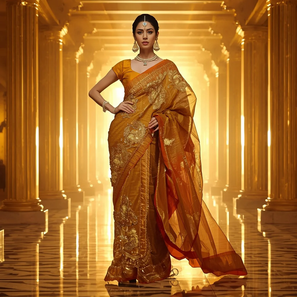 Golden Mirage Solar Core Temple Saree – Heavy Festival Saree with Regal Pose and Solar Core Temple Background | Ai Video Generator Prompt