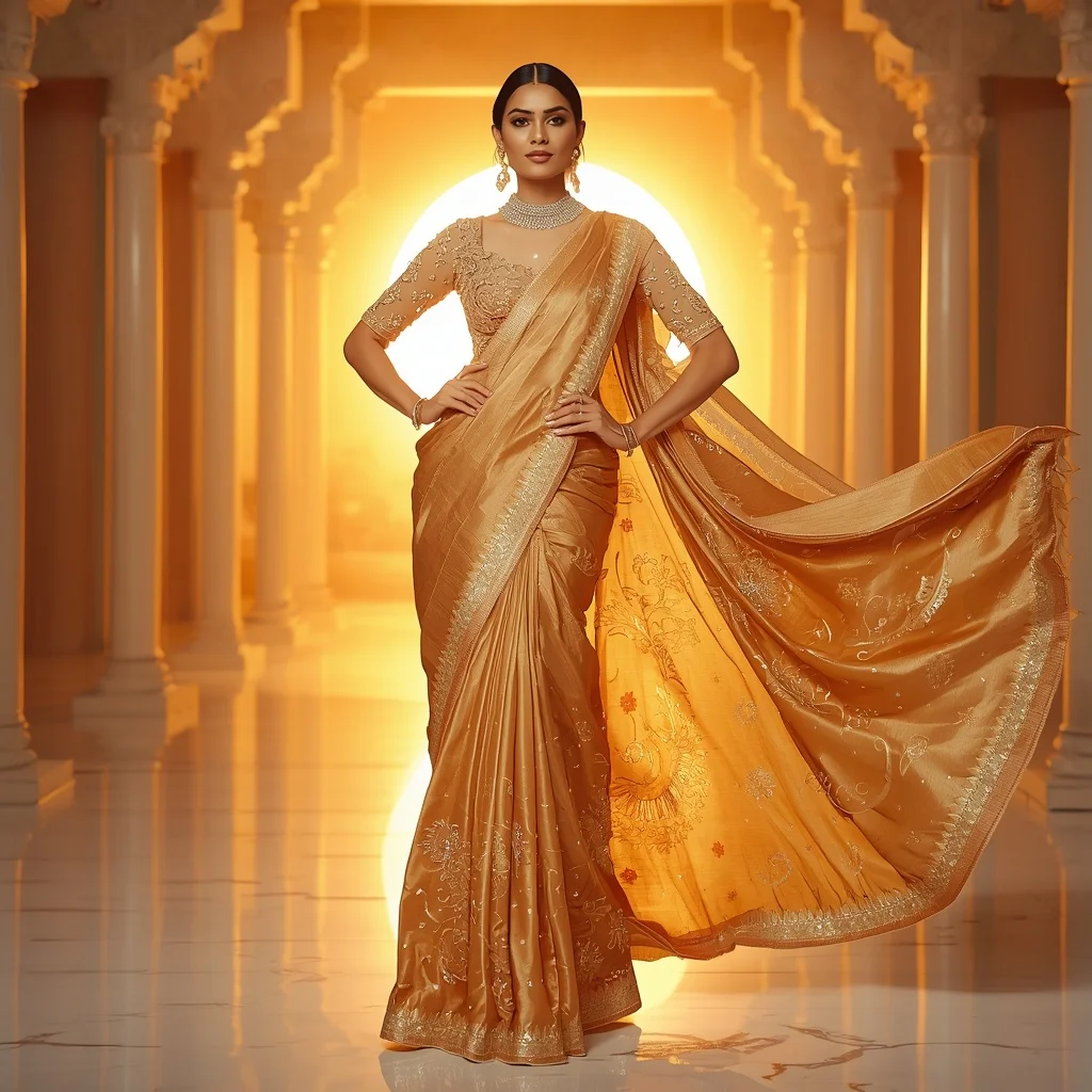 Golden Mirage Solar Zenith Templeflare Saree – Heavy Festival Saree with Regal Pose and Zenith Templeflare Background | Stable Diffusion Prompt