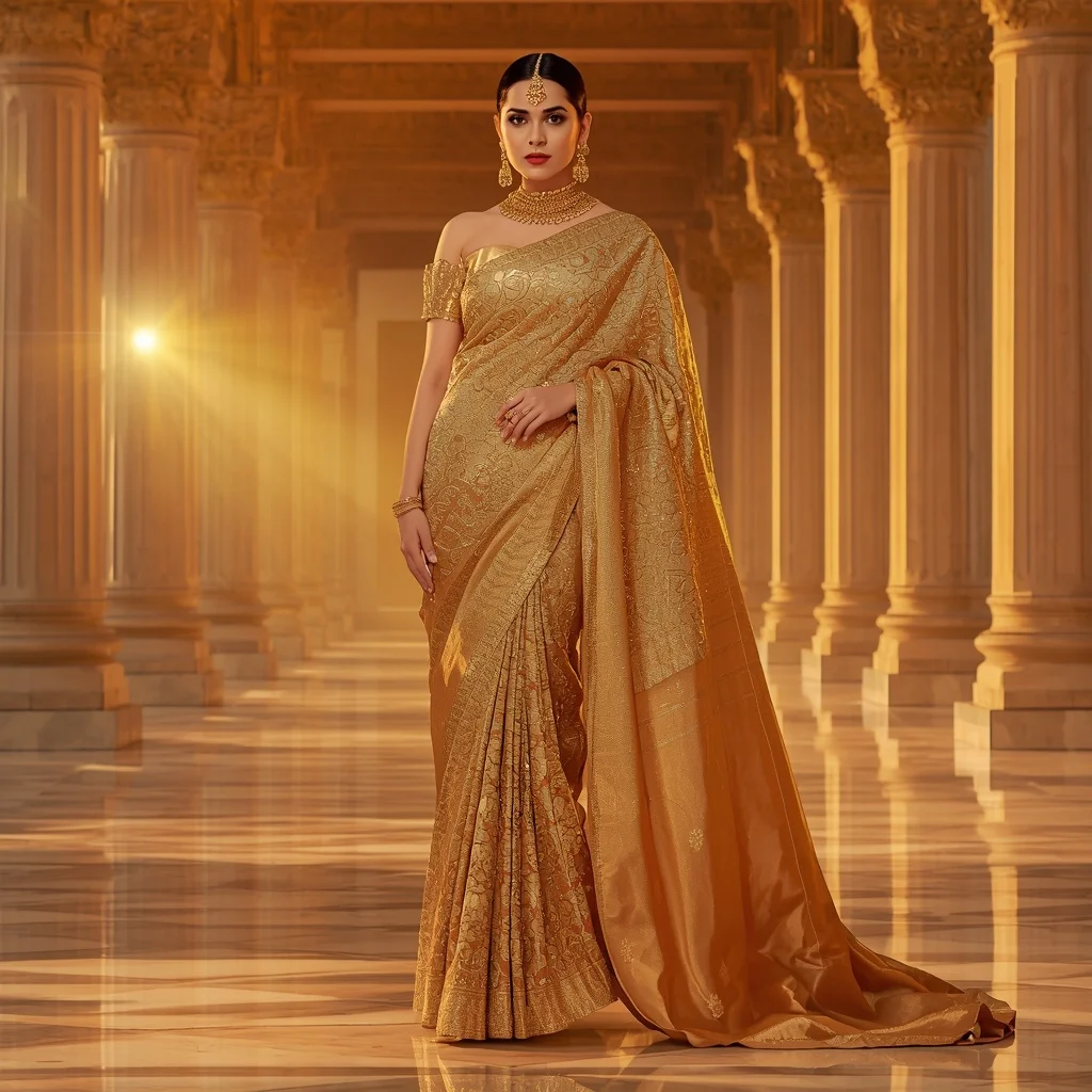 Golden Mirage Solar Zenithflare Saree – Heavy Festival Saree with Regal Pose and Solar Zenithflare Temple Background | Whatsapp Dp Ai Prompt