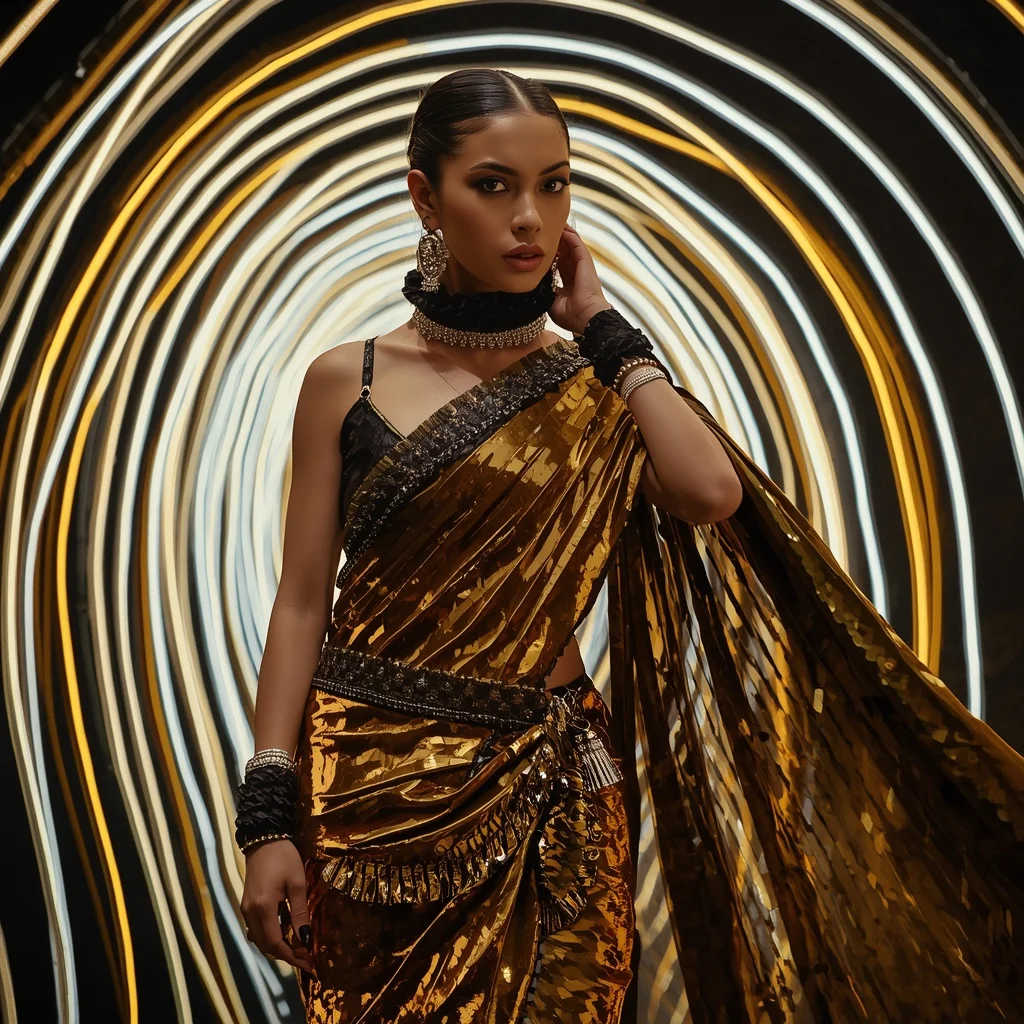 Golden Obsidian Mirror Saree with Curved Laser Empire | Instagram Model Ai Prompt