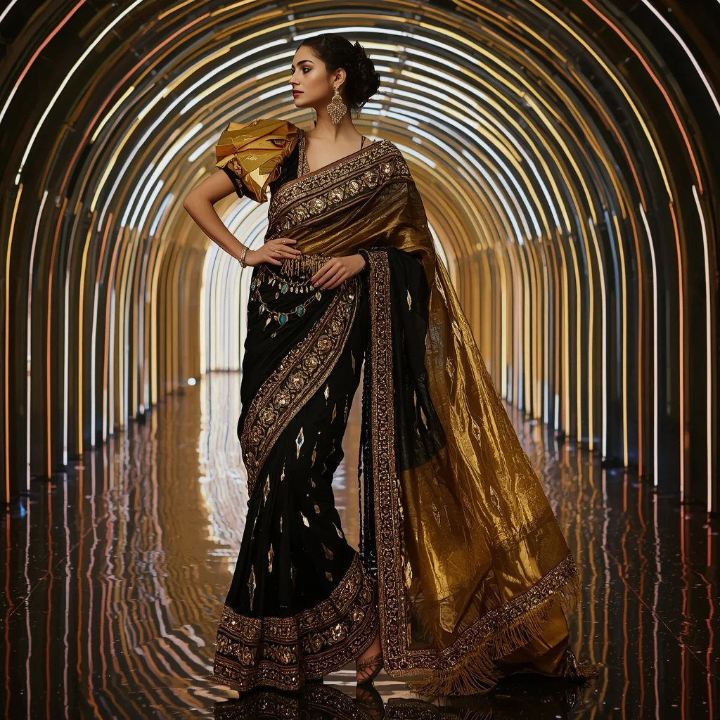 Golden Obsidian Royale Saree with Curved Laser Infinity Sanctuary | Cinematic Ai Prompt