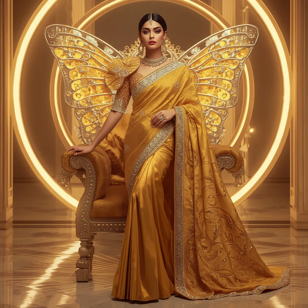 Golden Orbit Butterfly Saree – Heavy Royal Designer Saree with Throne Pose and Orbit Butterfly Temple Background | Instagram Viral Photo Prompt