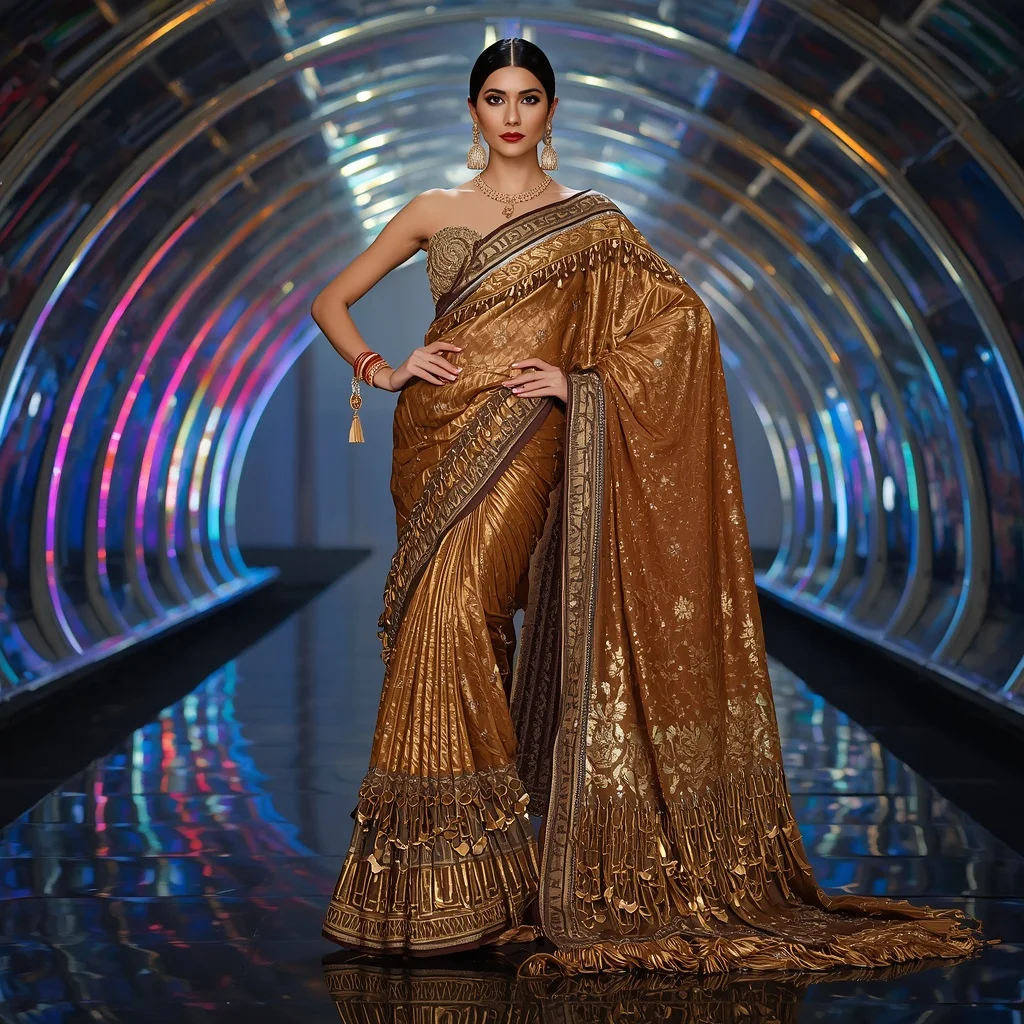 Golden Prism Festival Saree with Curved Hologram Hall | Prompt For Girls College Ai Photo Editing