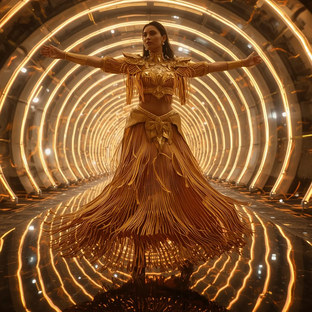 Golden Solar Flare Zenith Infinity Armor Saree with Neon Spiral Reactor Vault Energy Cathedral Core System | Sora Ai Prompt