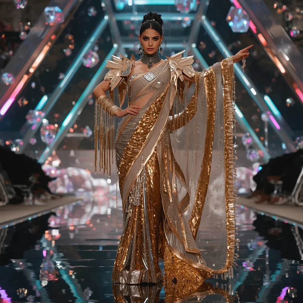 Golden Thunder Crystal Saree with Floating Prism Reflection Observatory | 3d Animation Ai Prompt