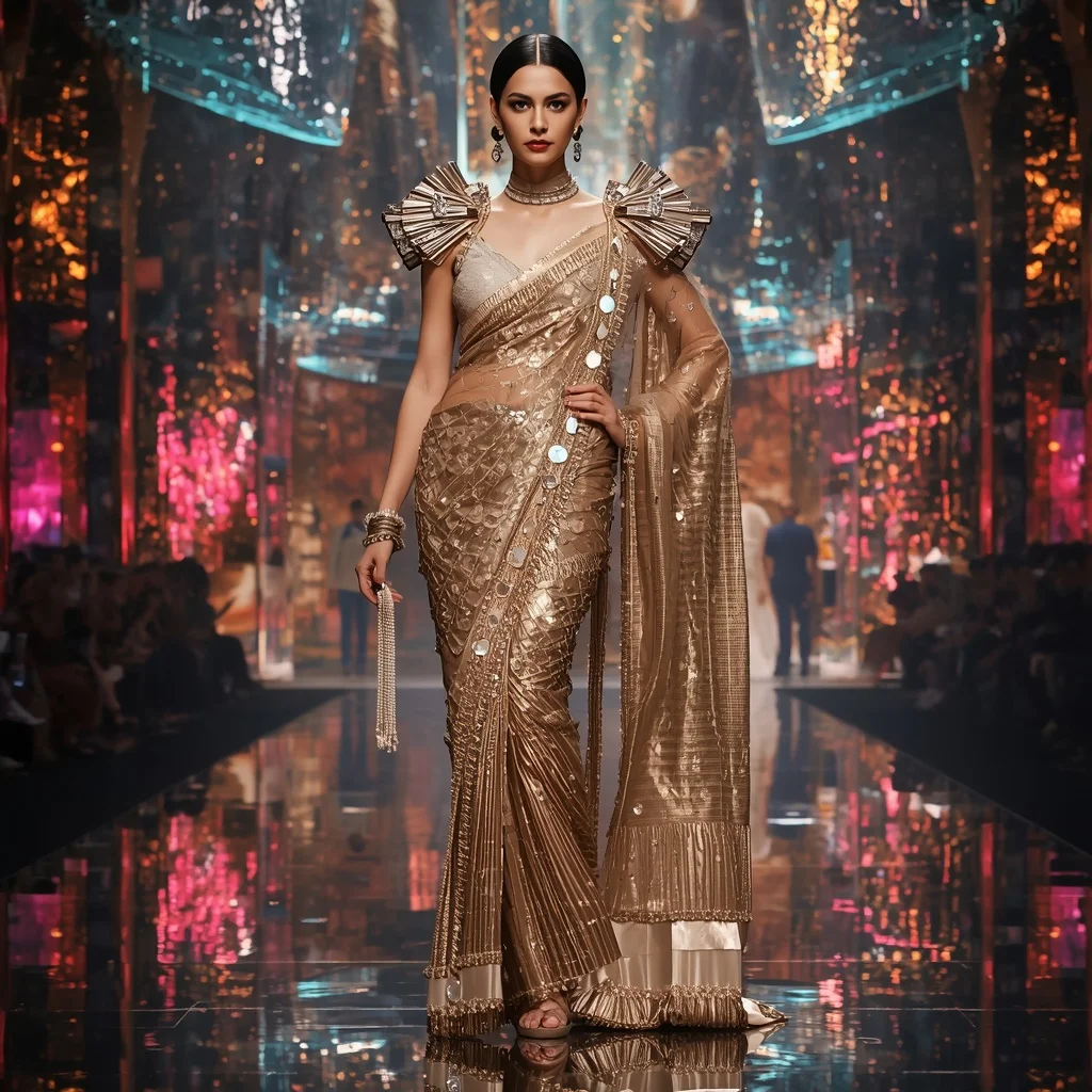 Golden Thunder Empress Saree with Floating Prism Reflection Cathedral | Creative Ai Prompt
