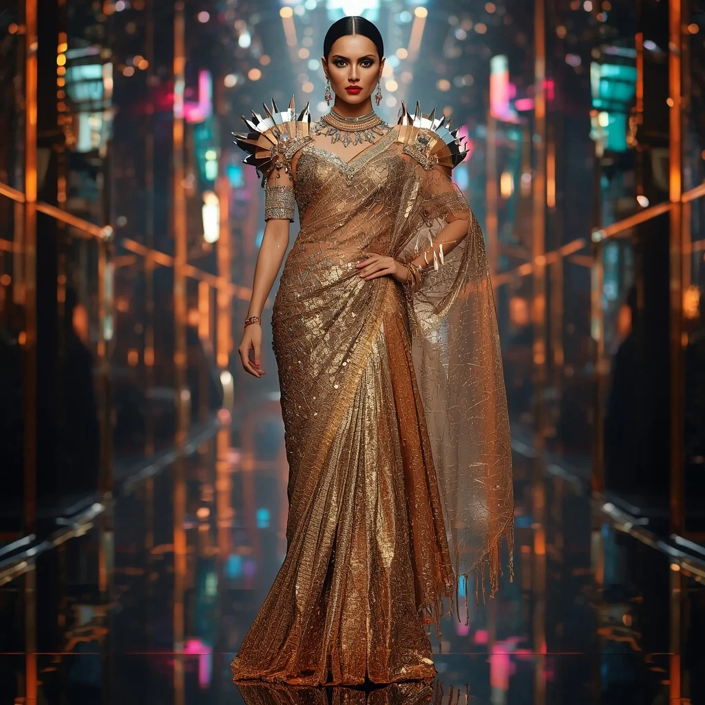 Golden Thunder Fantasy Saree with Floating Prism Reflection Hall | Trending Girl Photo Prompt