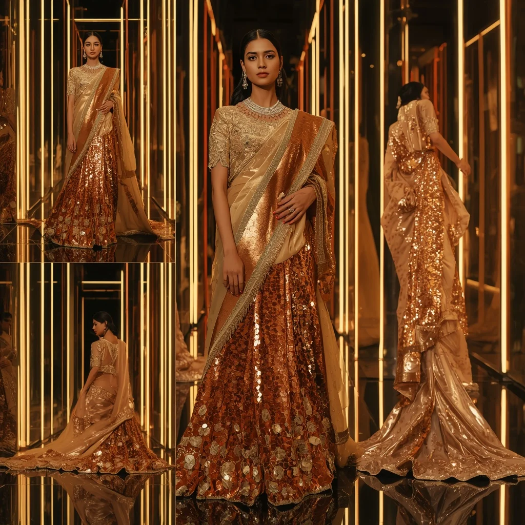 Golden Velvet Fantasy Saree with Neon Reflection Corridors | Ai Prompt For Social Media