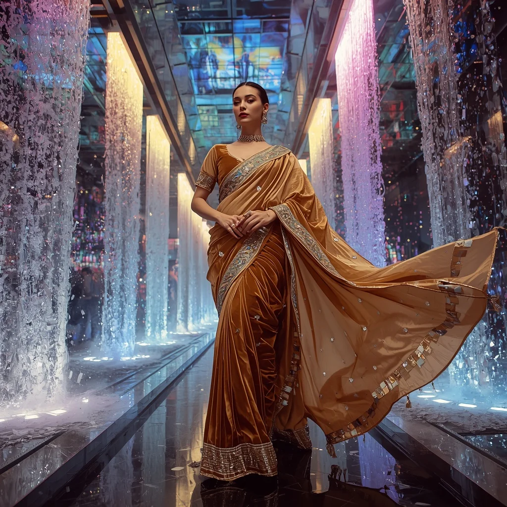 Golden Velvet Saree with Floating Aurora Infinity Waterfalls | Girl Photo Prompt Gemini
