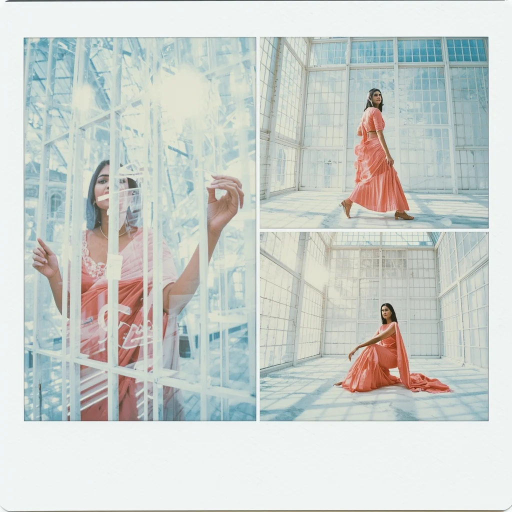 Grid Breakdown Dream Loop Polaroid White Glasshouse Beauty | Prompt For Gemini Ai Girl Indian Style