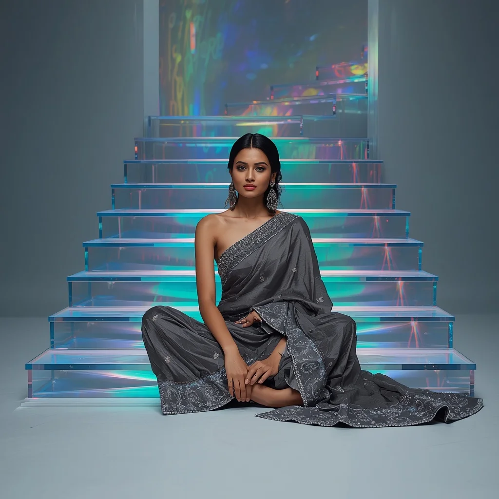 Gunmetal Fiber-Optic Saree – Cross-Legged Sit with Rainbow Prism Stairs | Ai Girl Image Prompt