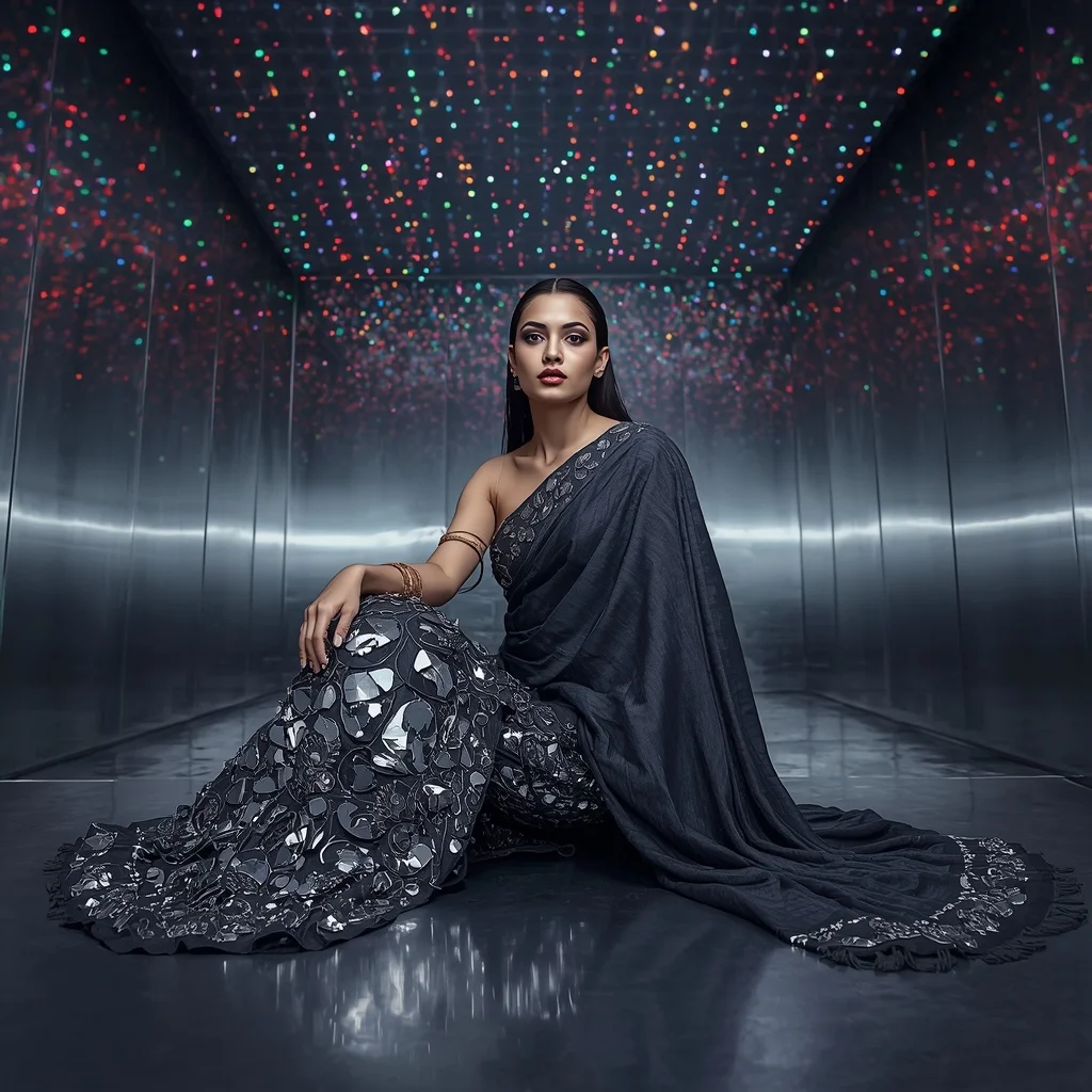 Gunmetal Grey and Silver Mirror-Mosaic Saree with Edgy Pose | Girl Prompt