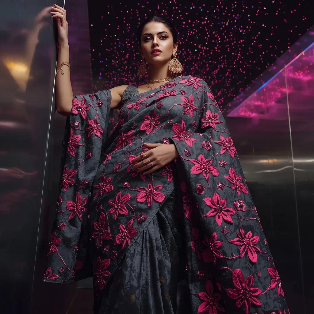 Gunmetal Grey Georgette Saree with Neon Pink Laser-Cut Applique | New Instagram Trend Prompt For Girl Copy And Paste