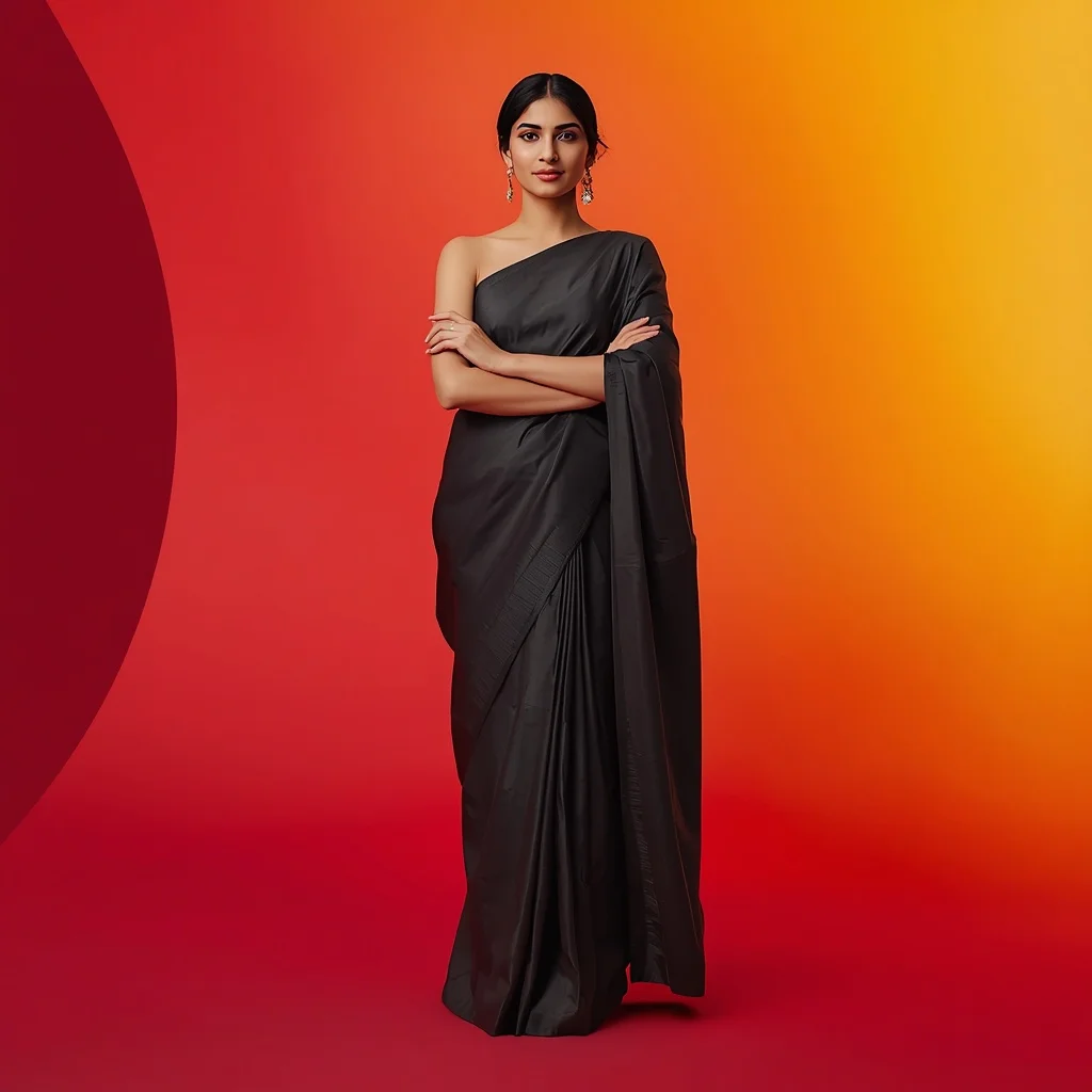Gunmetal Origami Fold Saree – Boss Arms-Crossed Stance with Sunset Ombre Sweep | New Instagram Trend Prompt For Girl