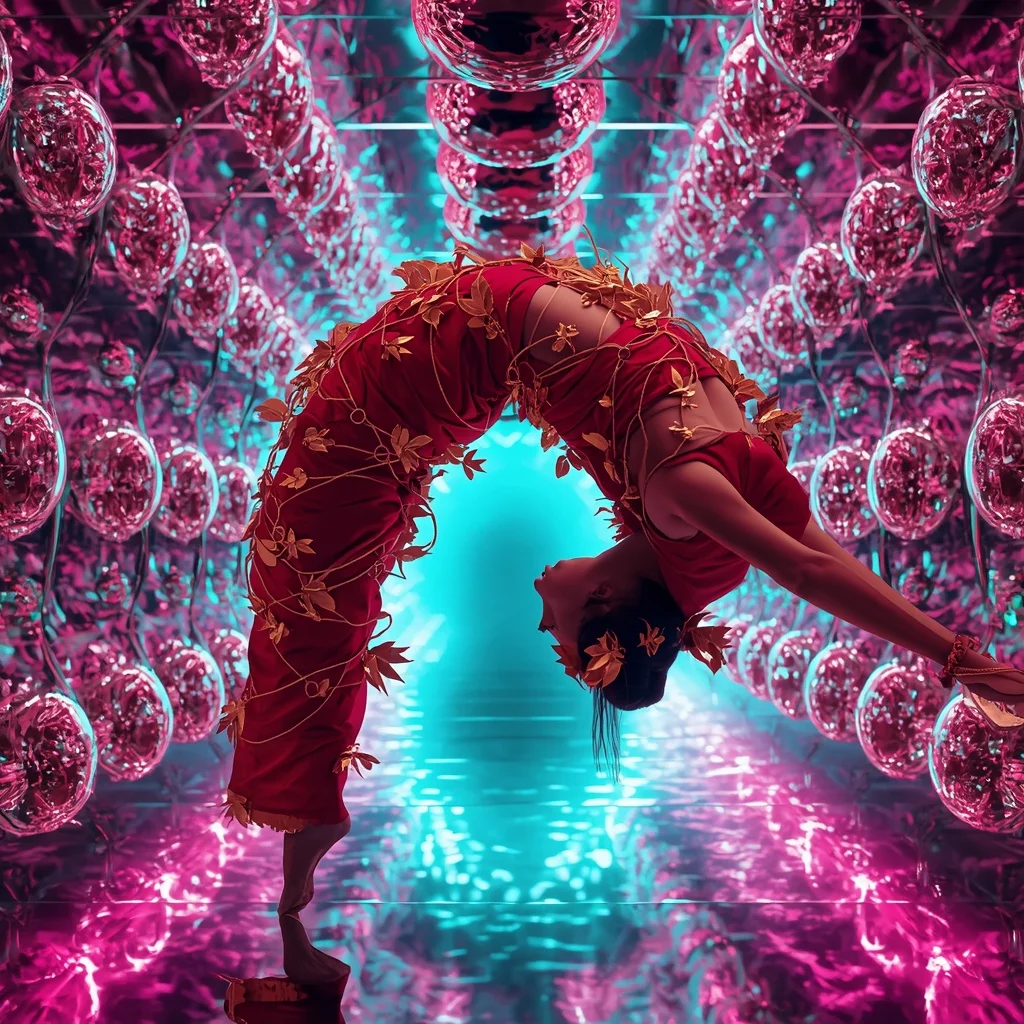Heavy 3D Metallic Vine Armor & Crimson Silk Saree | Mid-Air Hovering Arch Pose | Glowing Neon Fractal Tunnels | Female Model Ai Prompt