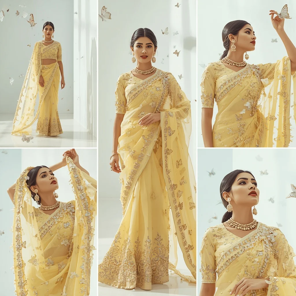 Heavy Designer Festive Saree Look Crystal Butterflies | Ai Video Generator Prompt