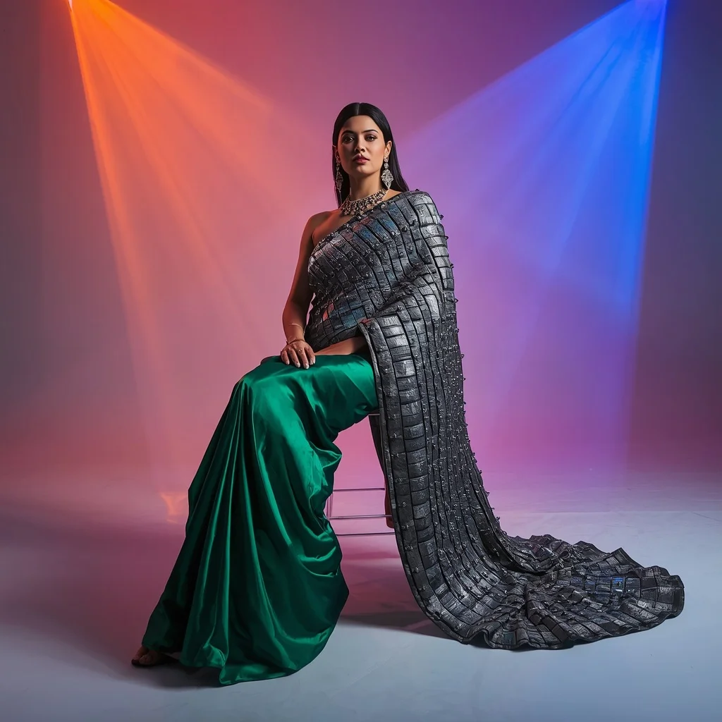 Heavy Hand-Forged Silver Plates over Thick Satin Tribal Fusion Saree | Wedding Saree Ai Prompt
