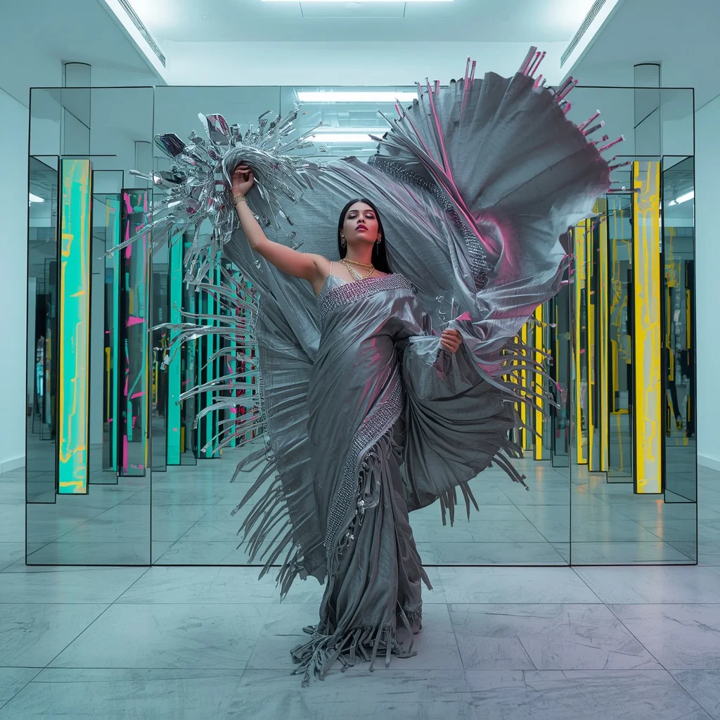 Heavy Metallic Silk & Giant 3D Swarovski Cluster Saree | Violent Fabric Toss Power Pose | Endless Optical Illusion Mirrors | Gemini Saree Prompt