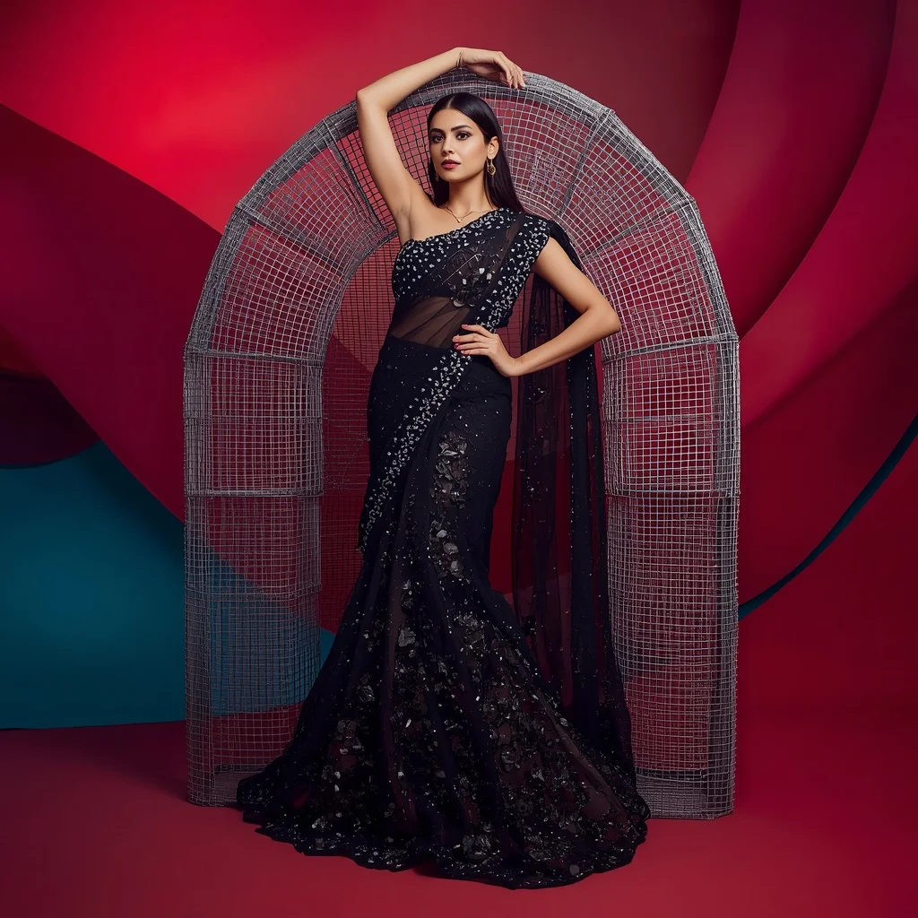 Heavy Obsidian Mirror And Silver Wire Mesh Designer Saree Concept | Trending Prompt Girls Traditional