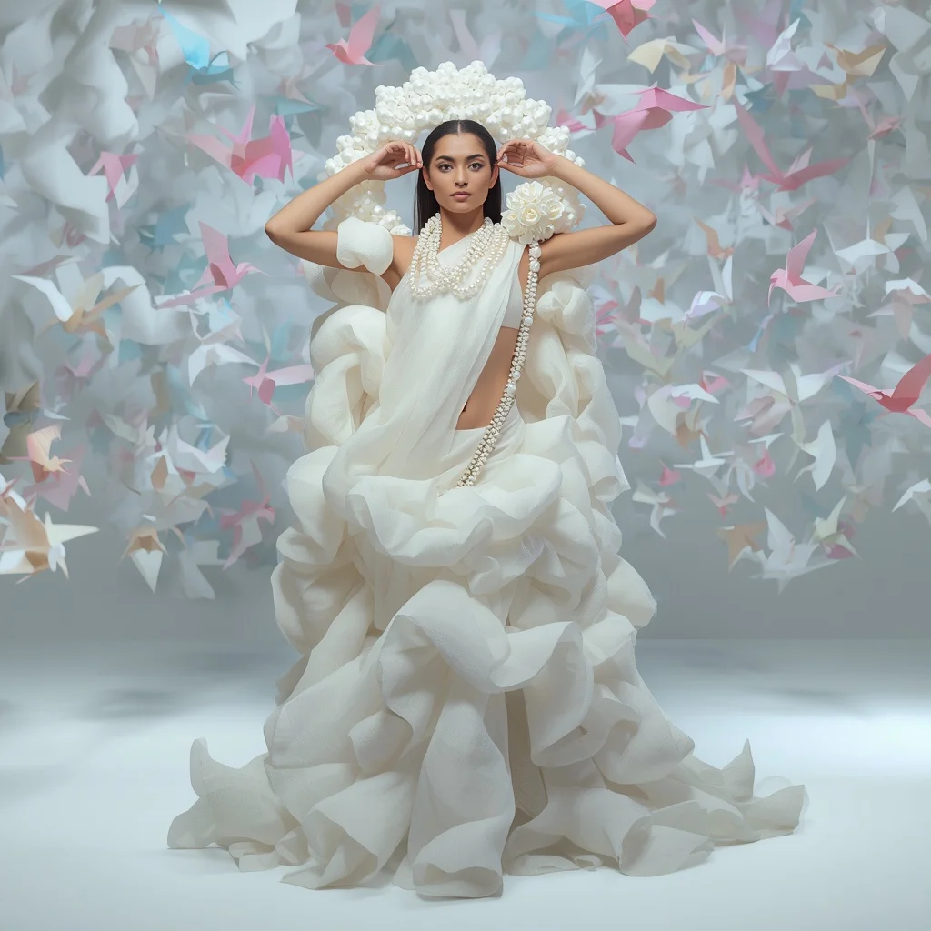 Heavy Pearl Cluster & 3D Sculpted Foam Saree | Over-the-Head Halo Frame Pose | Floating Origami Dragon Swarm | Prompt For Gemini